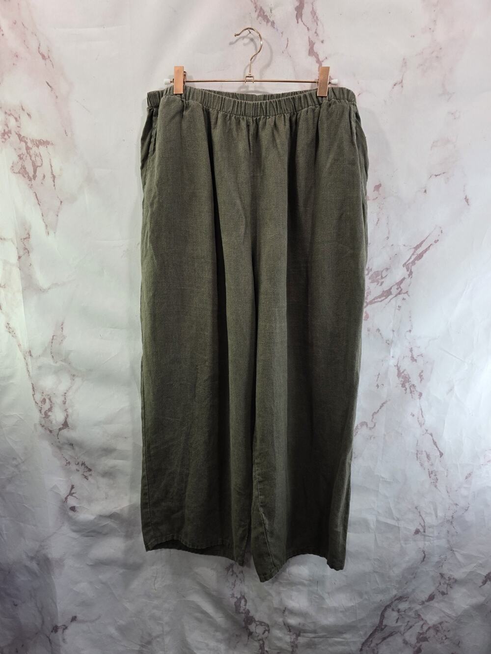 Flax Pants Womens Medium X 25 Green Linen Pull On Pockets Crop Short Capri